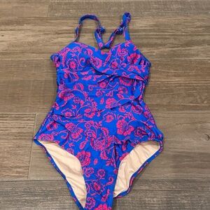 Girls Blue and Pink Floral One-Piece Swimsuit